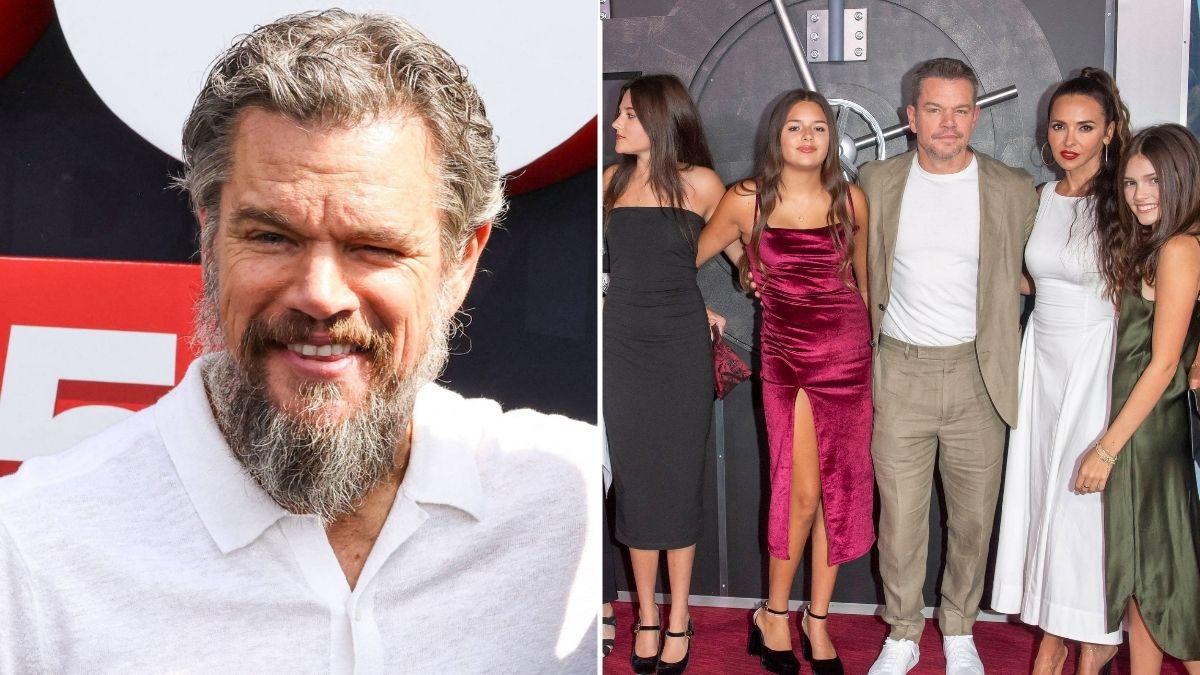 split photo of Matt Damon & his family