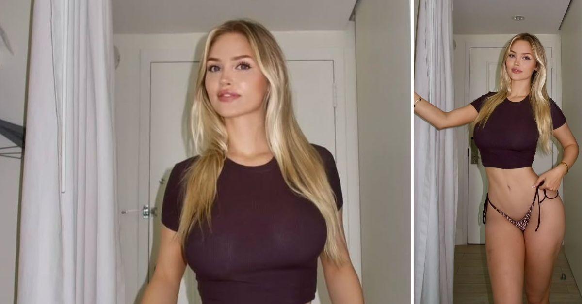 Tana Rain poses indoors wearing a fitted black crop top. In one photo, she stands facing forward, and in another, she leans against a doorway while showing a string-tie bikini bottom.