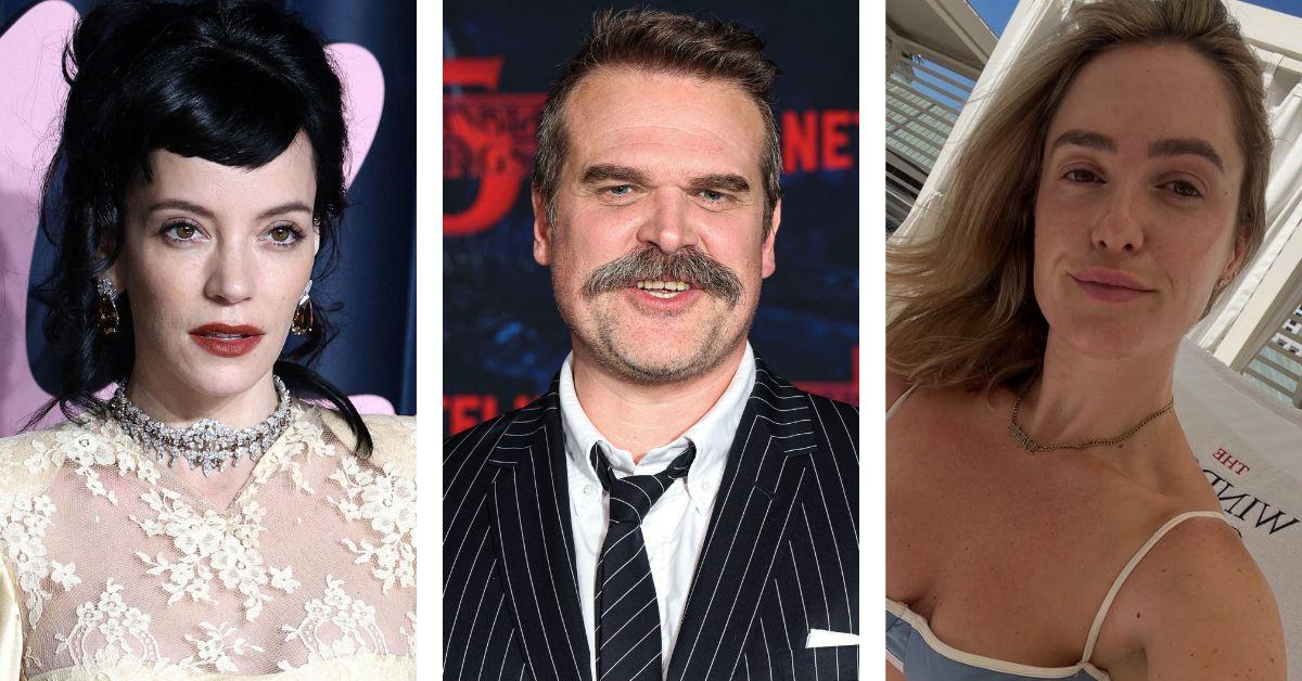 split photo of Natalie Tippett, David Harbour & Lily Allen