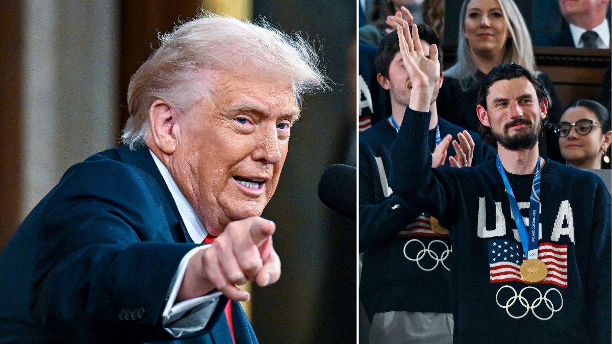 Split photo of Donald Trump and U.S. men's hockey player.