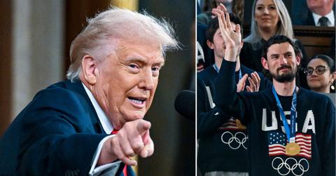 Split photo of Donald Trump and U.S. men's hockey player.