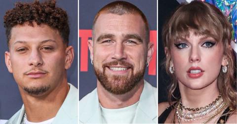 Composite photo of Patrick Mahomes, Travis Kelce and Taylor Swift.