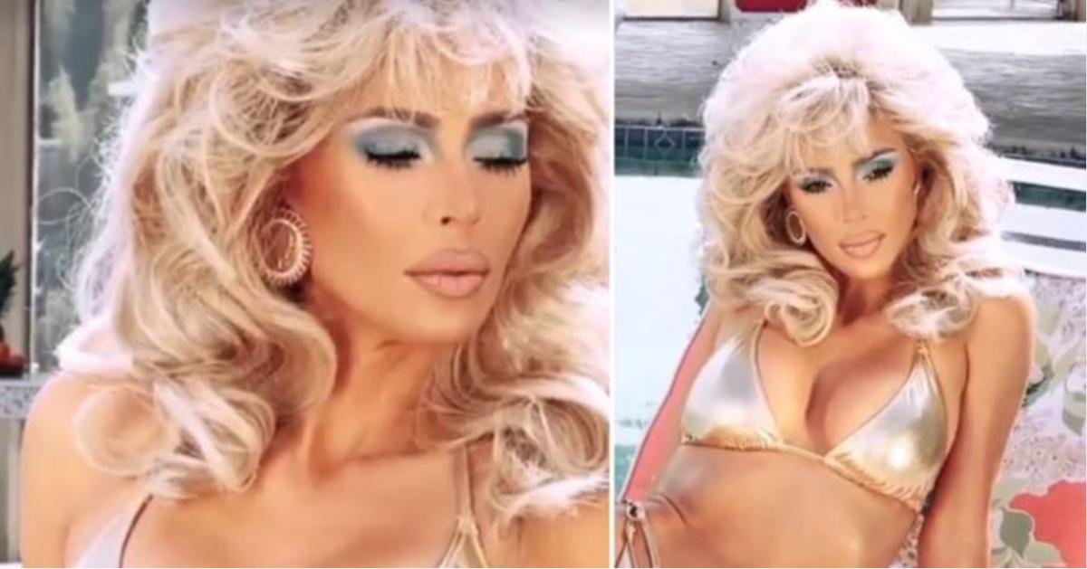 Kim Kardashian Sports Metallic Bikini, 80's Inspired Makeup