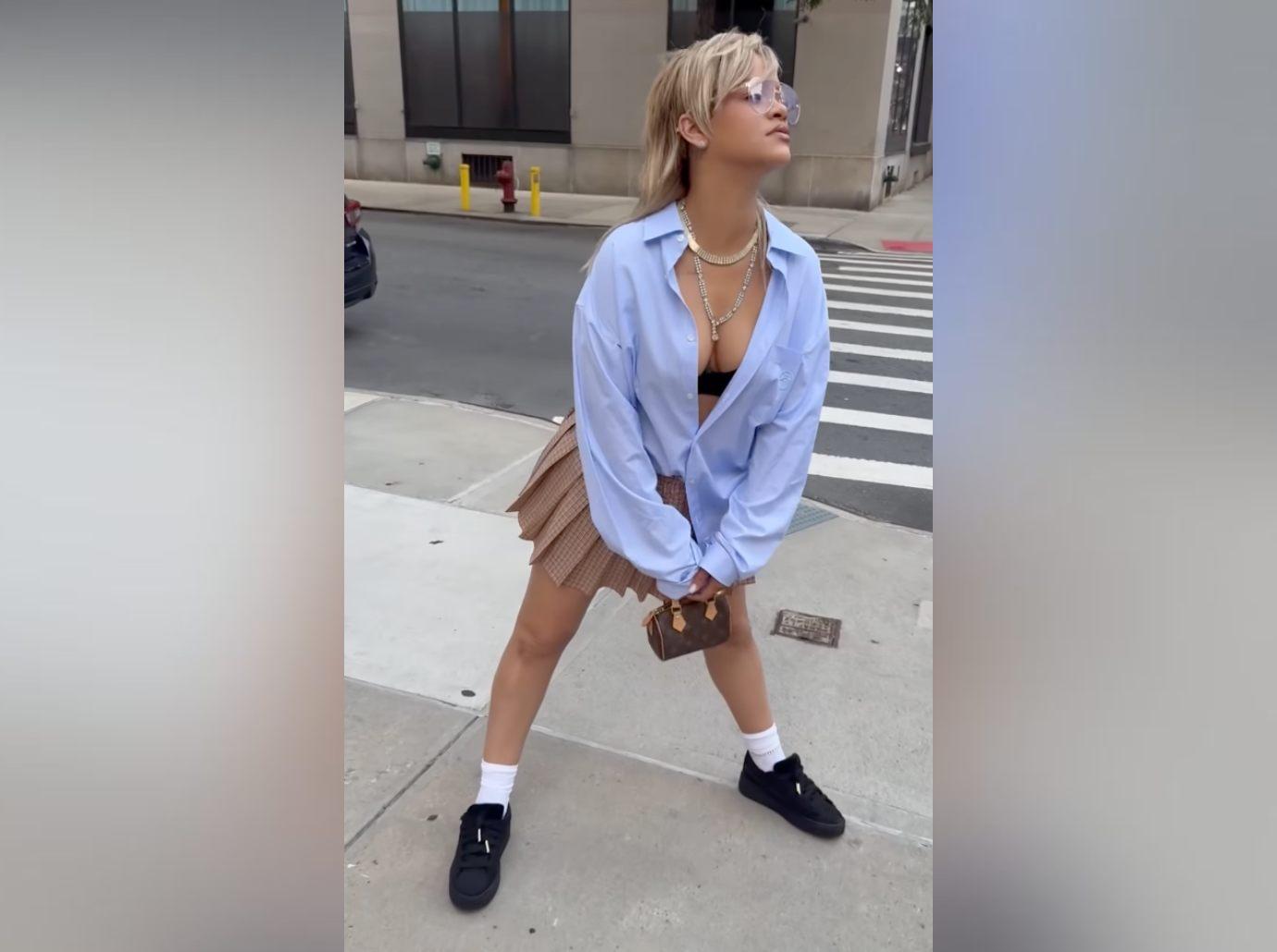 rihanna lifts skirt shows behind summer goal underwear shoes match watch