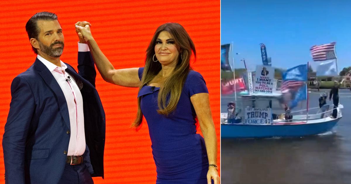 Photo of Donald Trump Jr. and Kimberly Guilfoyle and a picture of a Trump boat rally.