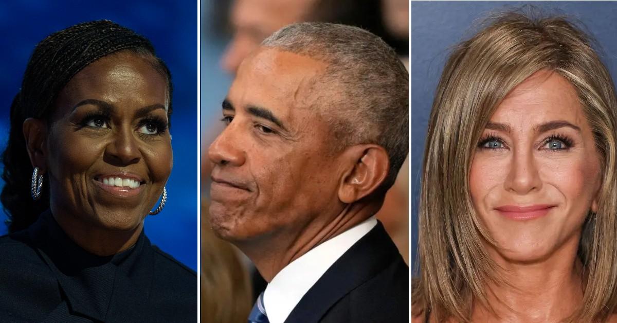 Split photo of Michelle and Barack Obama and Jennifer Aniston