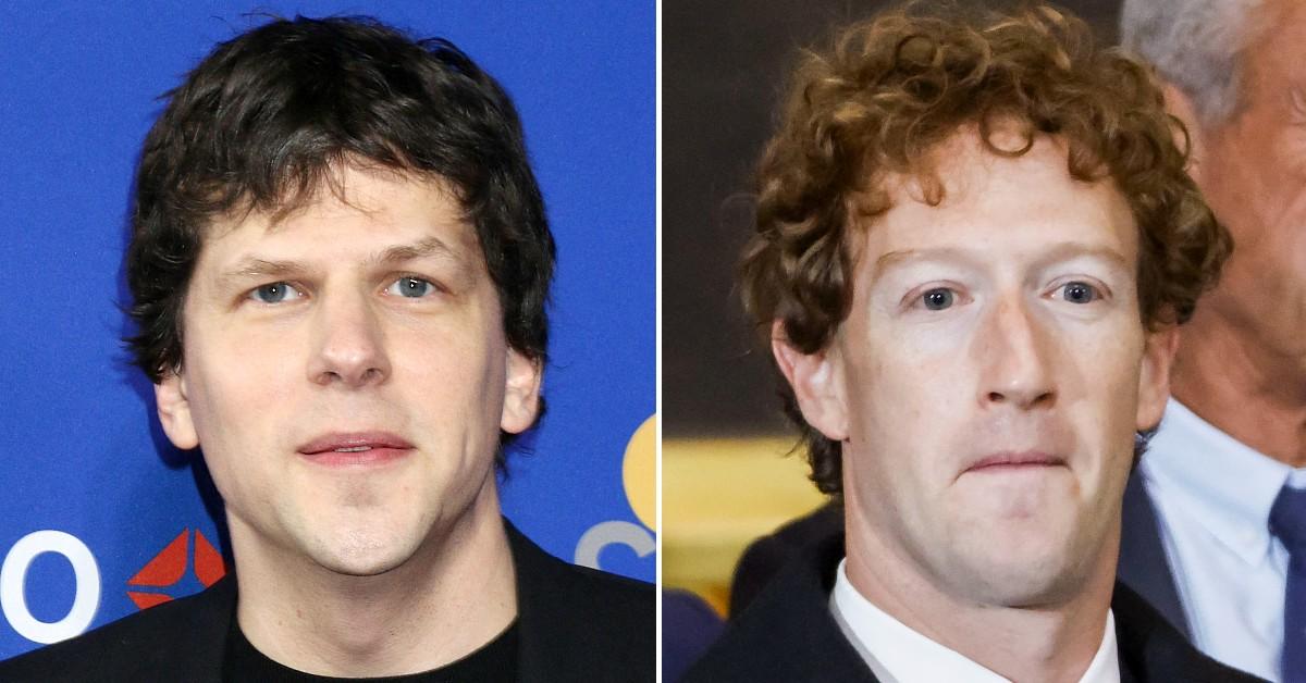 Split photos of Jesse Eisenberg and Mark Zuckerberg.