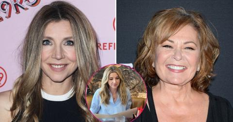 split photo of Sarah Chalke & Roseanne Barr