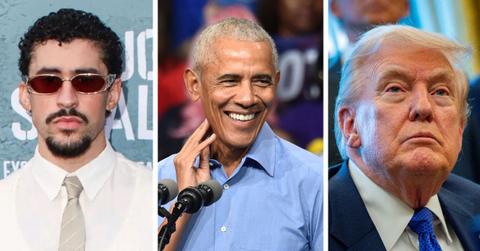 split photo of bad bunny, barack obama and donald trump
