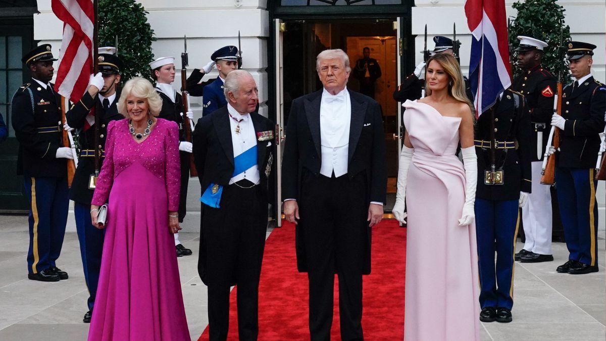 image of king Charles, queen camilla, Donald and melania trump