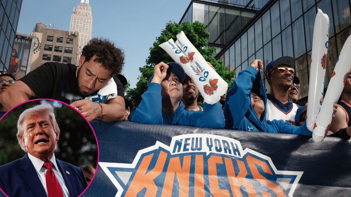 Composite photo of Donald Trump and Knicks fans.