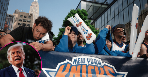 Composite photo of Donald Trump and Knicks fans.