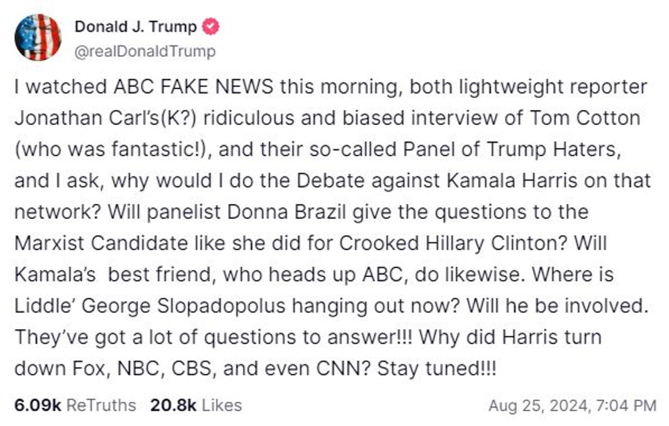 donald trump hints skip abc fake news debate kamala harris