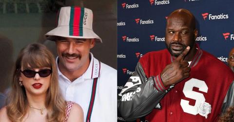 Composite photos of Travis Kelce, Taylor Swift and Shaquille O'Neal