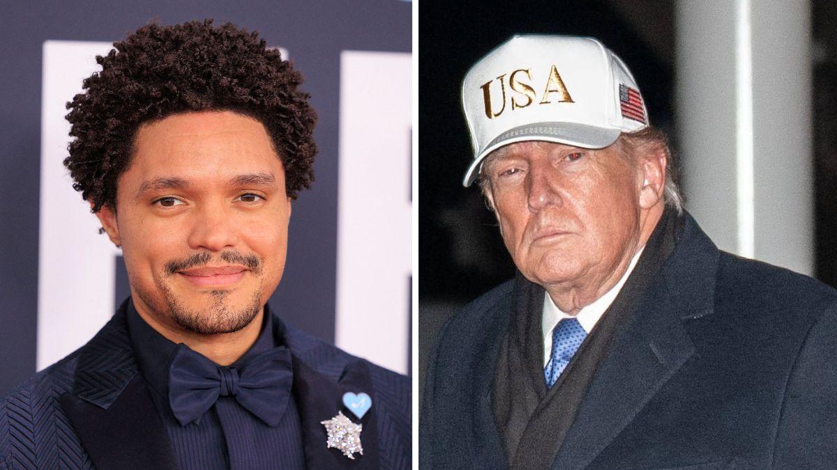 split photo of trevor noah and donald trump