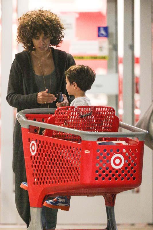 Halle Berry, 50,  and her 3 year old son Maceo Martinez leaving a Target store in Los Angeles on Tuesday afternoon. The Academy Award winning actress wore no makeup, while shopping with her son.