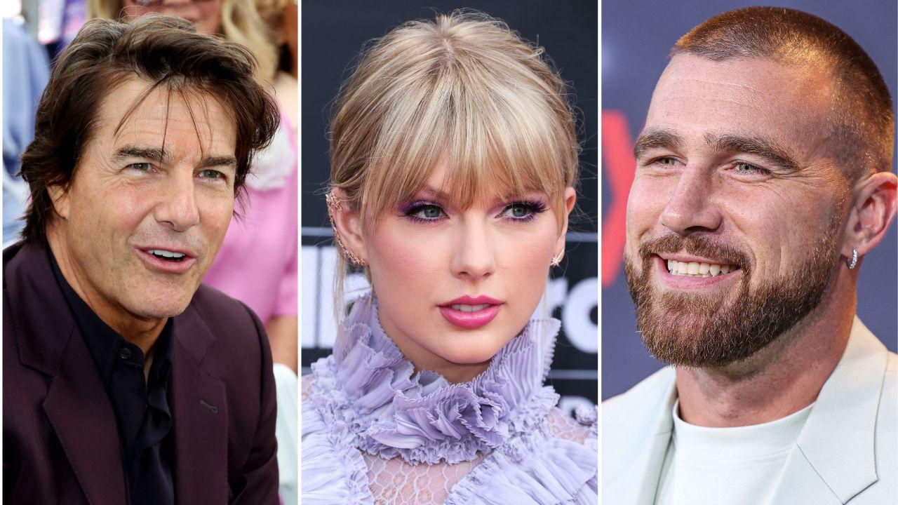 Split image of Tom Cruise, Taylor Swift, and Travis Kelce.
