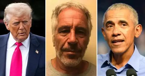 Photos of Donald Trump; Jeffrey Epstein and Barack Obama.