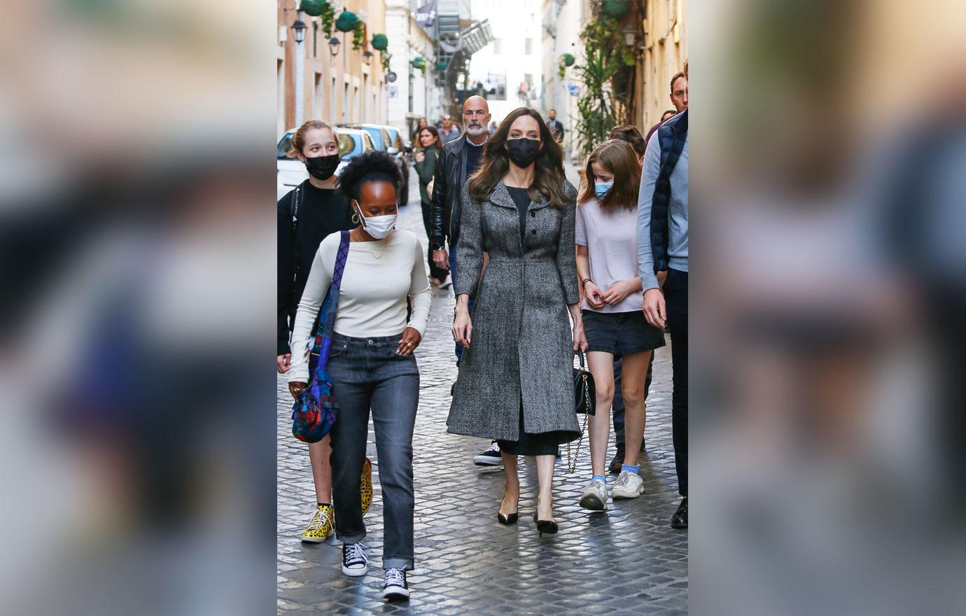 angelina jolie struts spanish steps explores rome with kids before eternals premiere in italy photos