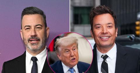 Composite photo of Jimmy Kimmel, Jimmy Fallon and Donald Trump.