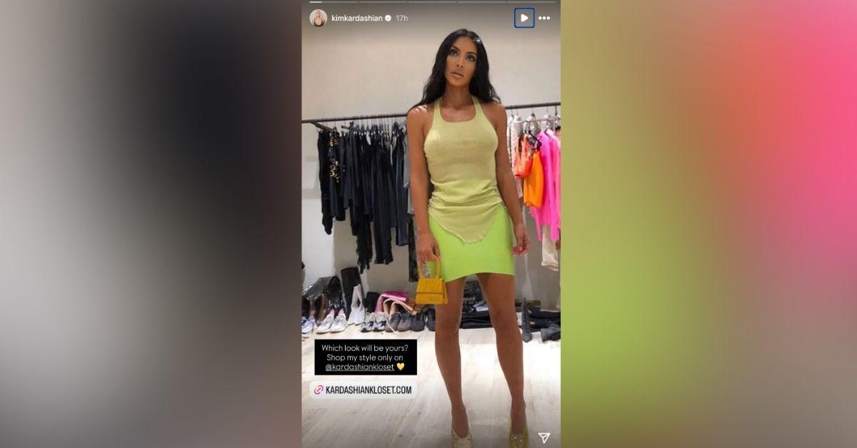 image of Kim Kardashian wore a sheer yellow top and green mini skirt in a new closet selfie.