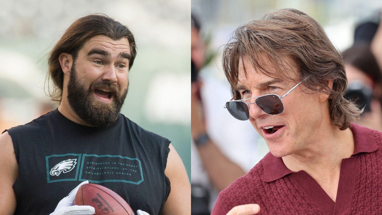 Split image of Jason Kelce and Tom Cruise.