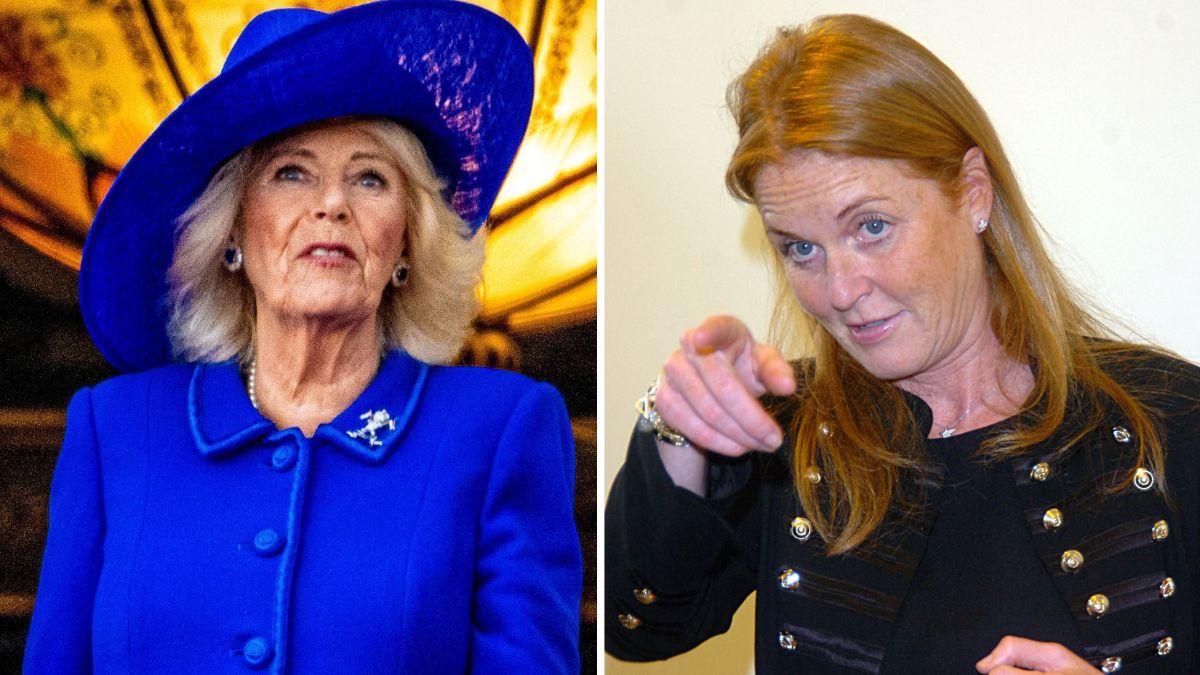 Split photo of Queen Camilla and Sarah Ferguson.