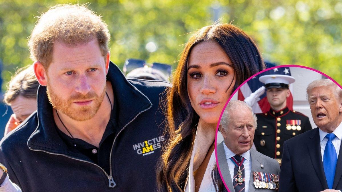 Split photo of Prince Harry and Meghan Markle, King Charles and President Donald Trump.