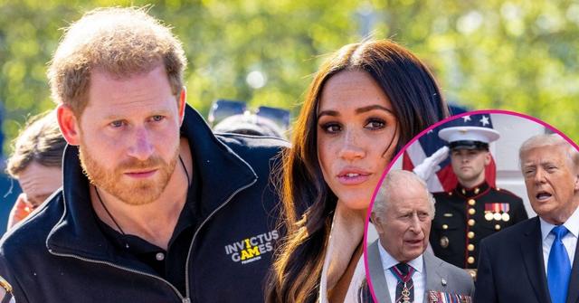 Split photo of Prince Harry and Meghan Markle, King Charles and President Donald Trump.