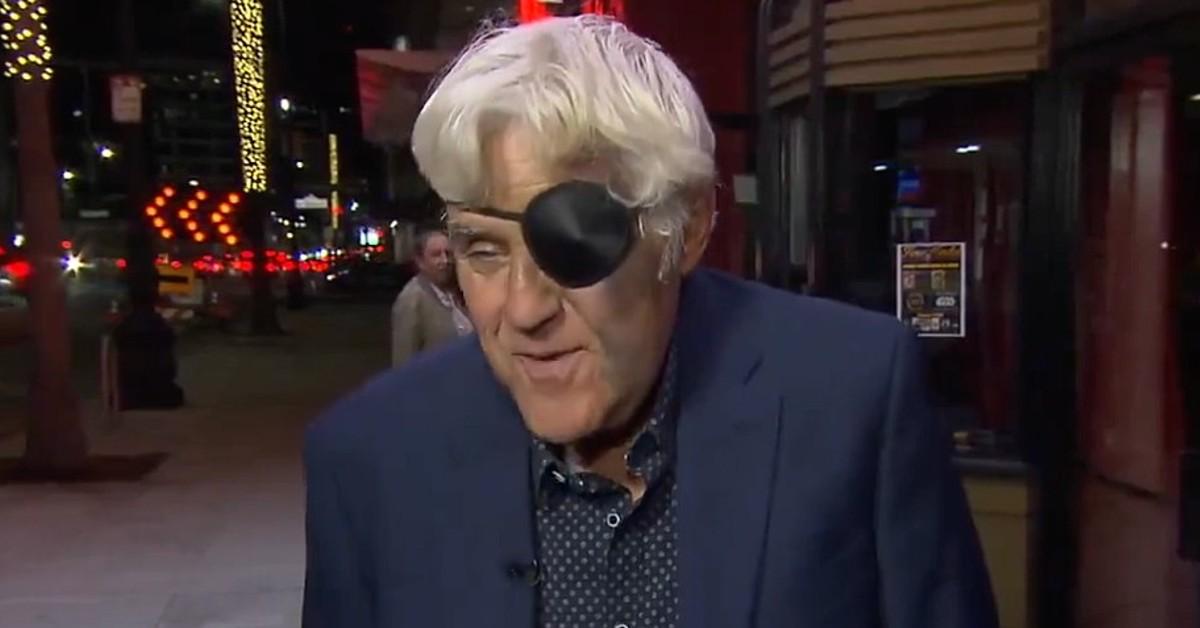 jay leno sports eye patch black and blue bruises after downhill fall