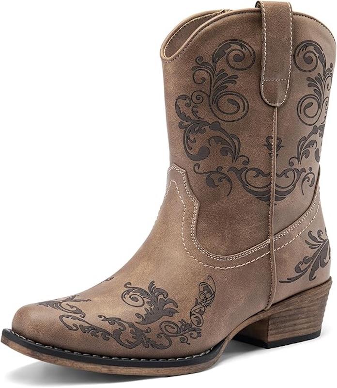 dream pairscowgirl western ankle boots low chunky heels square toe fall short booties shoesbrown