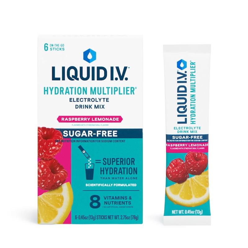 liquid iv hydration multiplier sugar free raspberry lemonade ct carton and serving stick