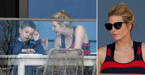 ivanka trump red and black striped dress lunch with son balcony miami pf