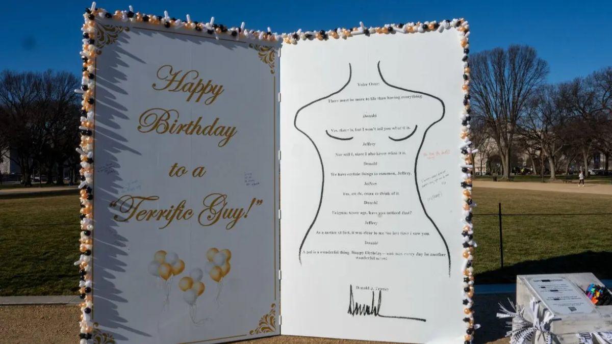 image of An installation of a card Donald Trump allegedly sent to Jeffrey Epstein was put up on January 19.