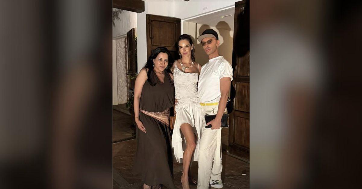 Image of Alessandra Ambrosio ditched her bra for an evening ensemble.