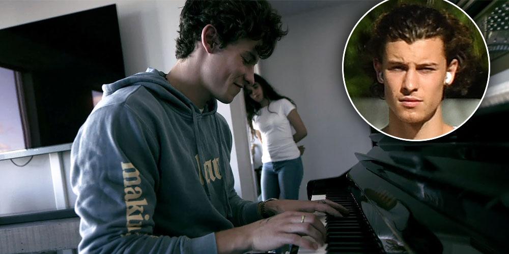 Shawn Mendes playing piano with Camila Cabello in the backgrounf for the Netflix Doc, "shawn Mendes: In Wonder, Inset of Shawn Mendes