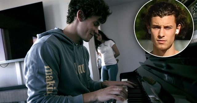 Shawn Mendes playing piano with Camila Cabello in the backgrounf for the Netflix Doc, "shawn Mendes: In Wonder, Inset of Shawn Mendes