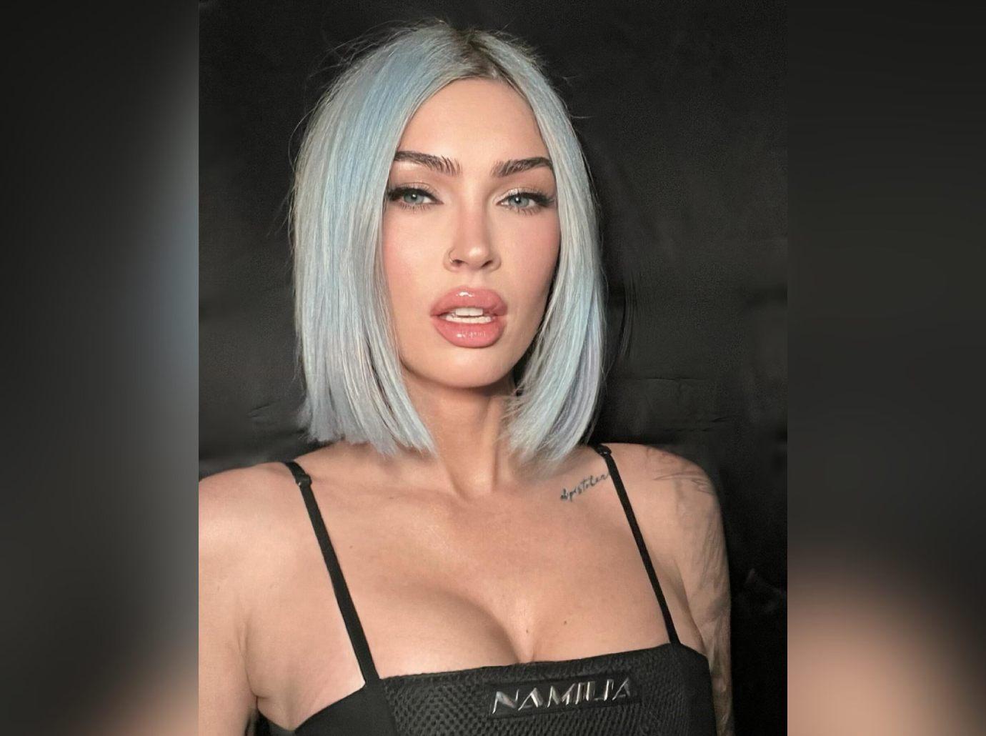 megan fox debuts short icy blue haircut boxed dye photos