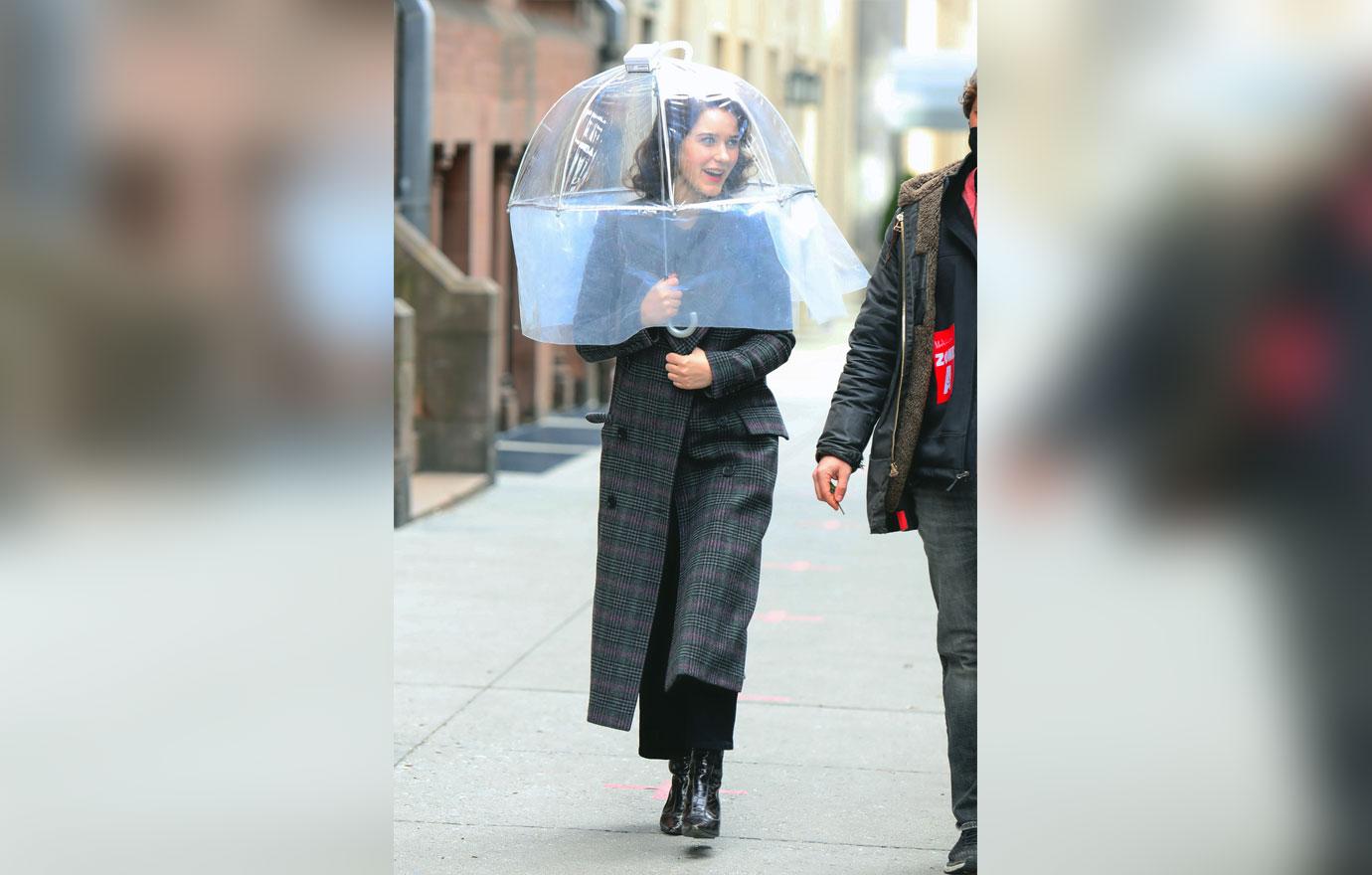 rachel brosnahan on set of the marvelous mrs maisel