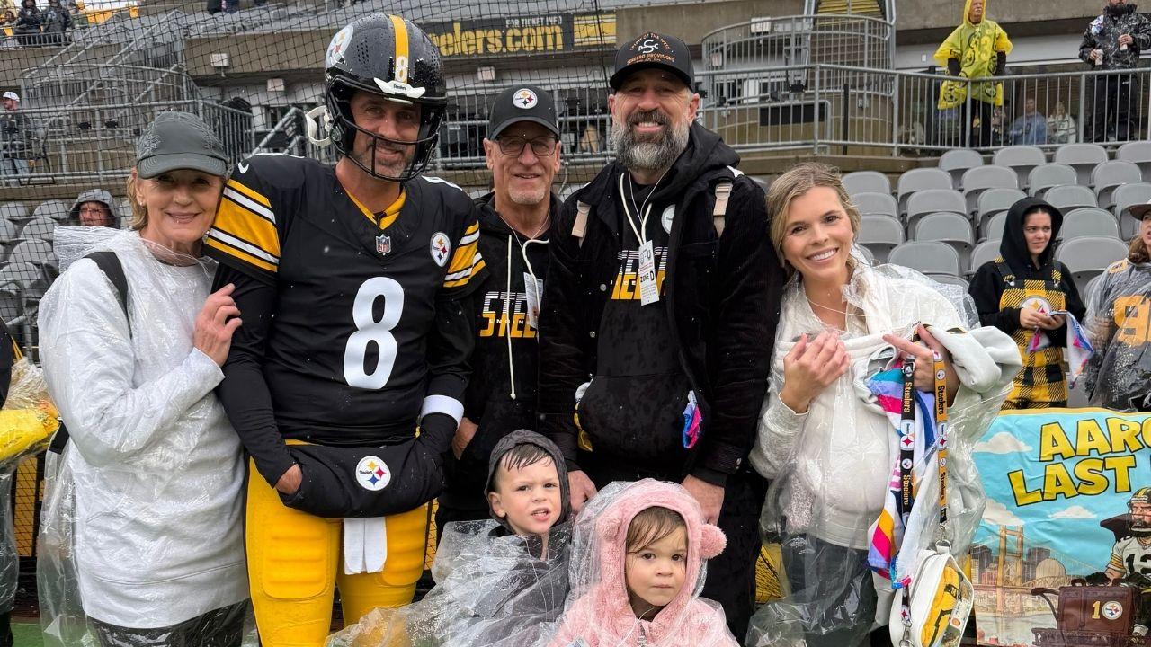 Image of Luke Rodgers shared family photos featuring Aaron Rodgers and their parents, Ed and Darla, during the Steelers' October 12 game.