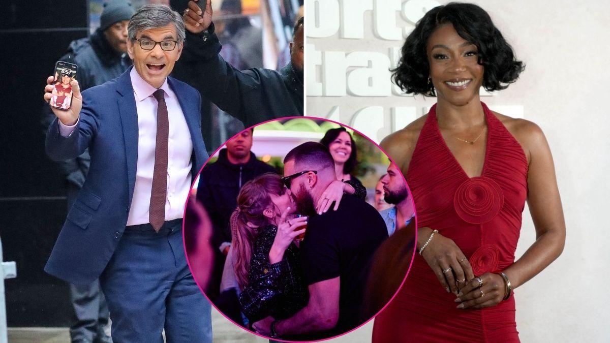 Split photo of George Stephanopoulos, Tiffany Haddish & Taylor Swift & Travis Kelce 