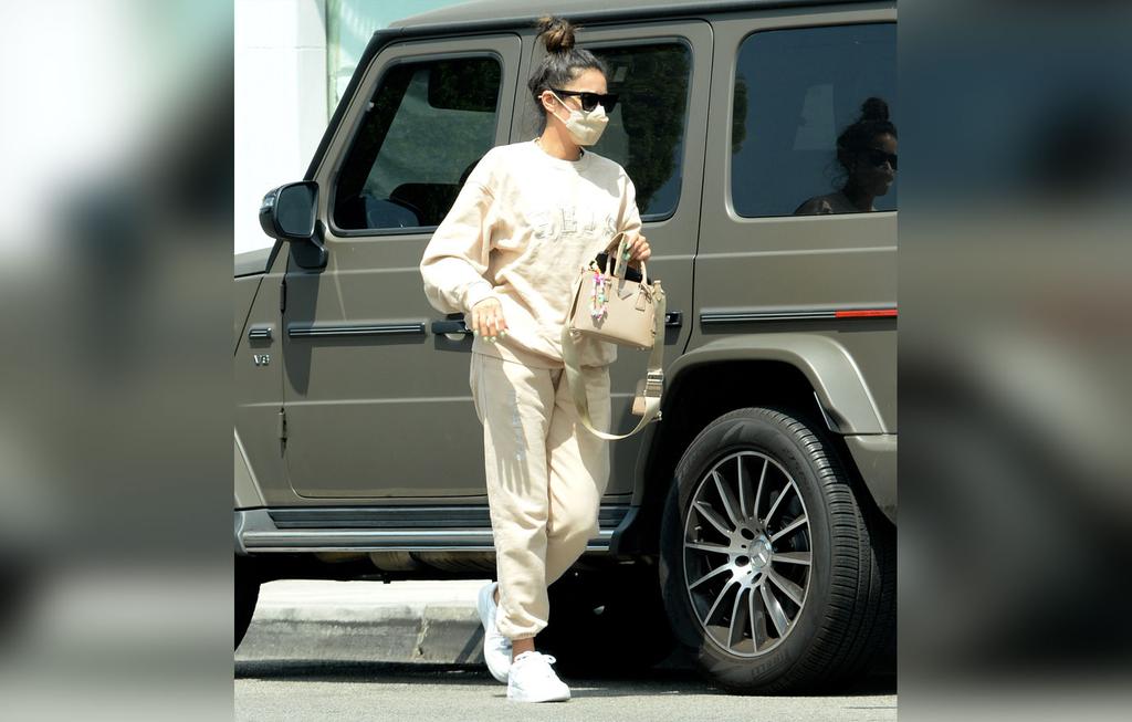 Shay Mitchell Seen Wearing Exclusive BÉIS Sweatsuit in Beige Leaving P