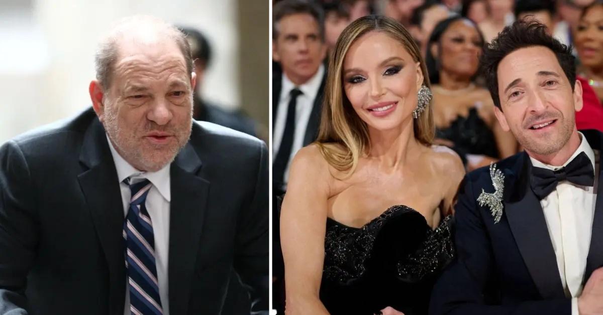 Photo of Harvey Weinstein and an image of Georgina Chapman with Adrien Brody.