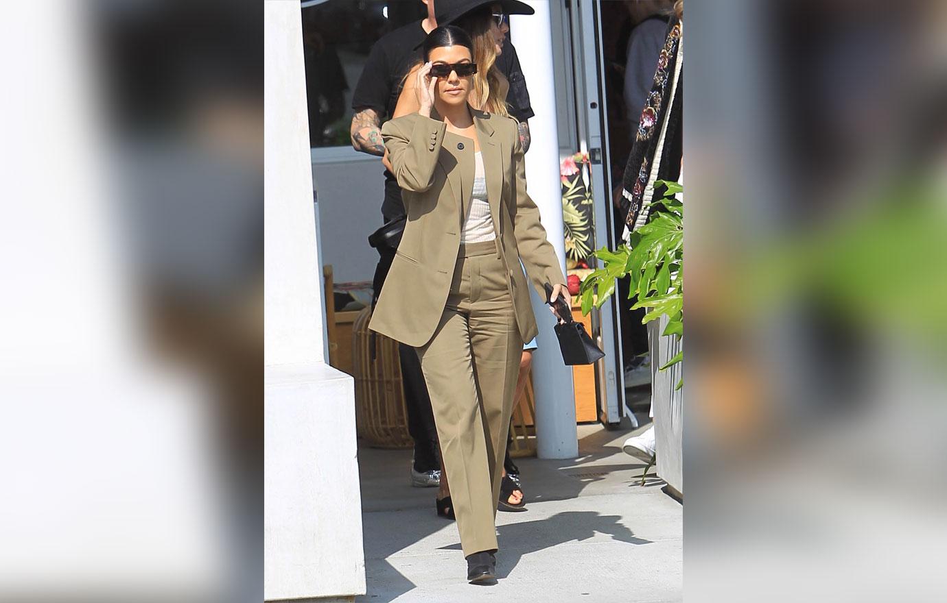 Kourtney Kardashian In Tan Suit Kim Khloe Kardashian