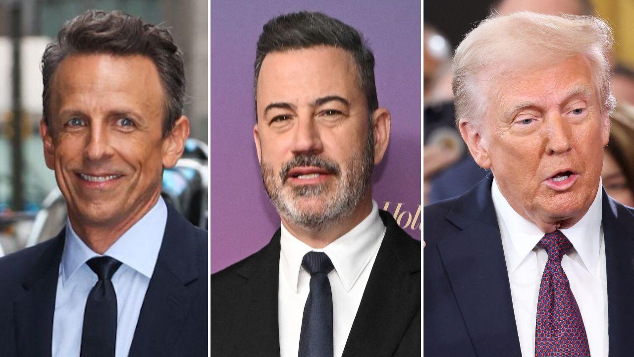 Photo of Seth Meyers, Jimmy Kimmel and Donald Trump.