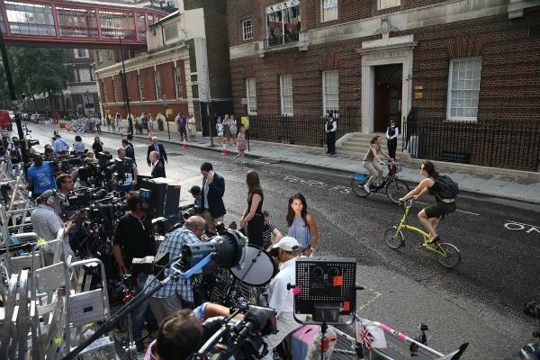 Media outside St. Mary's hospital in London.