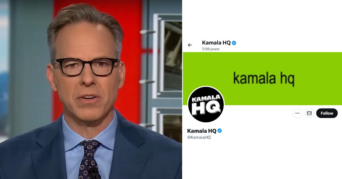 Photo of Jake Tapper and screenshot of Kamala HQ's X profie.