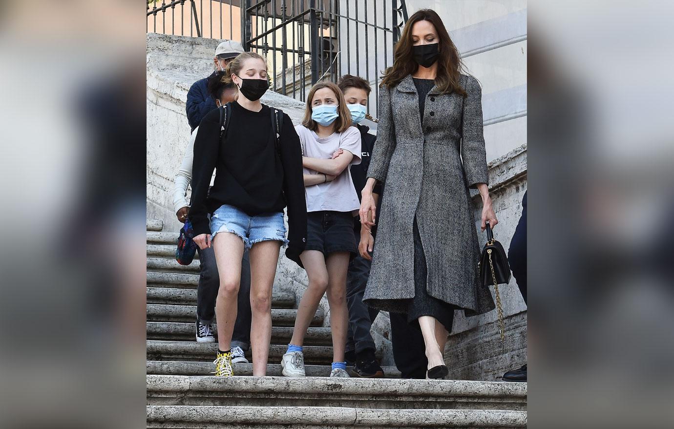 angelina jolie struts spanish steps explores rome with kids before eternals premiere in italy photos