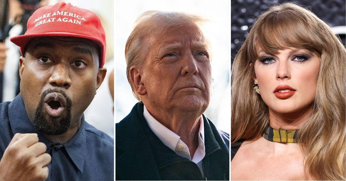 Composite photo of Kanye West, Donald Trump and Taylor Swift. 