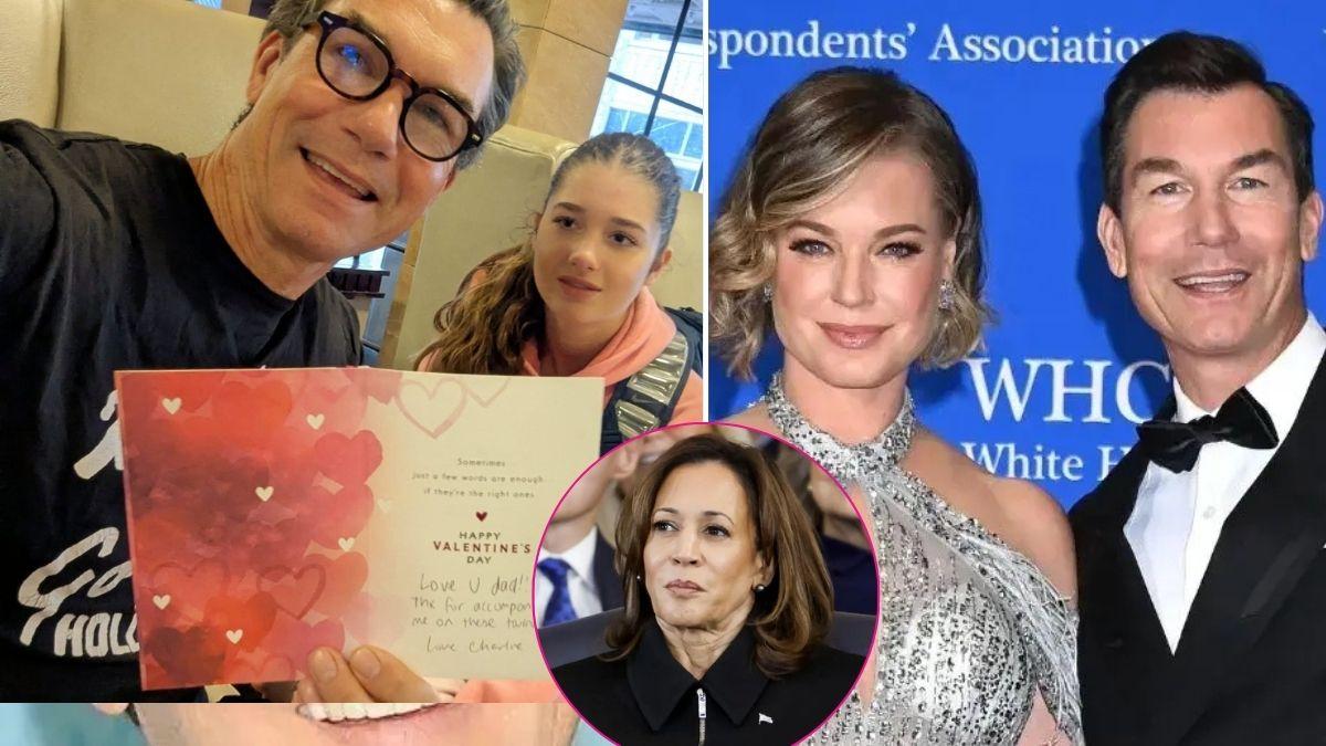 Composite photo of Jerry O'Connell, Rebecca Romijn, their daughter and Kamala Harris